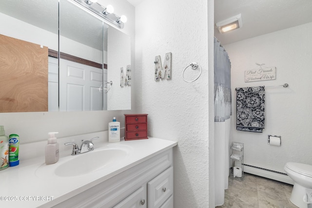 8764 Trinity Dr, Juneau, AK 99801 - full bathroom featuring vanity, a baseboard heating unit, a textured wall, and a shower with shower curtain