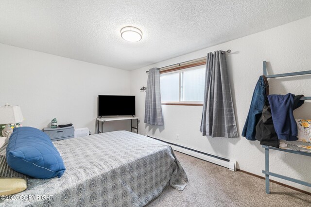 8764 Trinity Dr, Juneau, AK 99801 - carpeted bedroom with a baseboard heating unit, a textured ceiling, and a textured wall