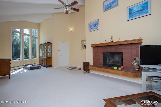 4450 Trapline Dr, Anchorage, AK 99516 - carpeted living area featuring a tiled fireplace, high vaulted ceiling, and a ceiling fan