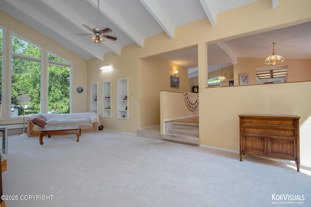 4450 Trapline Dr, Anchorage, AK 99516 - bedroom featuring carpet floors, beam ceiling, high vaulted ceiling, a chandelier, and baseboard heating