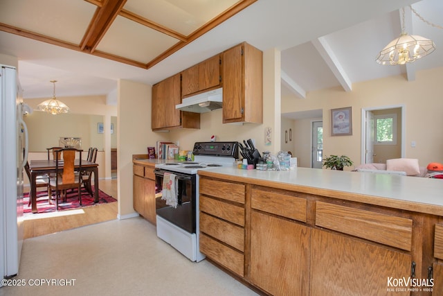 4450 Trapline Dr, Anchorage, AK 99516 - kitchen with white appliances, under cabinet range hood, a chandelier, light countertops, and brown cabinets
