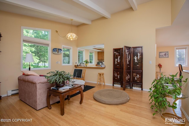 4450 Trapline Dr, Anchorage, AK 99516 - living room featuring a baseboard heating unit, wood finished floors, beamed ceiling, a high ceiling, and a chandelier