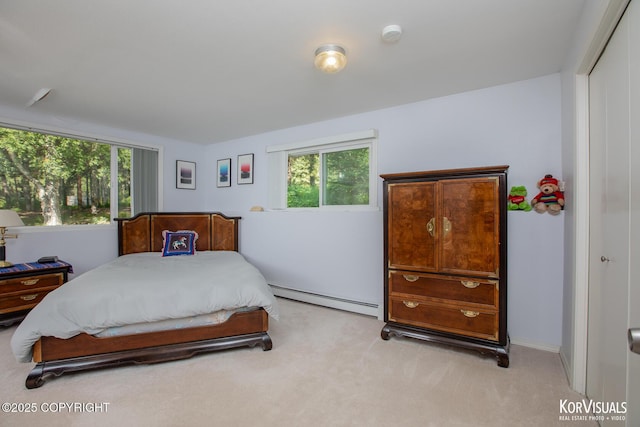 4450 Trapline Dr, Anchorage, AK 99516 - bedroom featuring a baseboard radiator, light carpet, and multiple windows