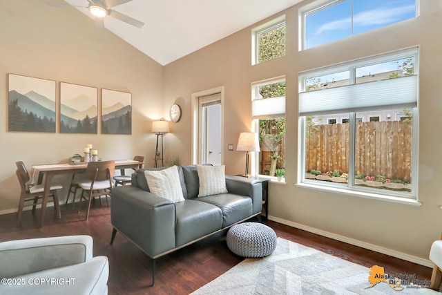 12231 Johns Rd # 2, Anchorage, AK 99515 - living room with high vaulted ceiling, wood finished floors, and a ceiling fan