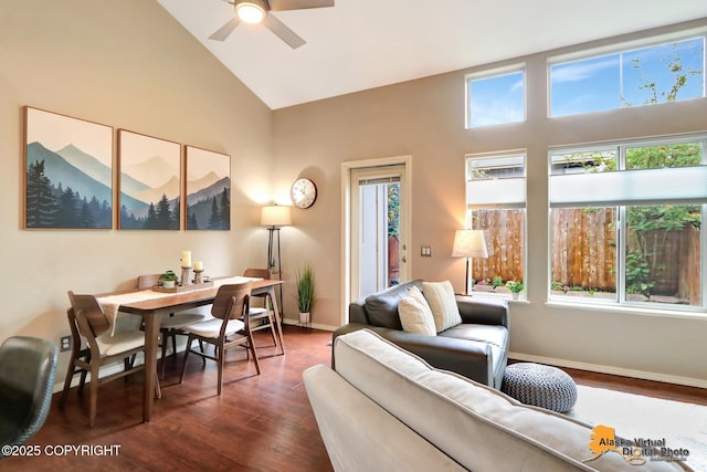 12231 Johns Rd # 2, Anchorage, AK 99515 - living area with healthy amount of natural light, dark wood finished floors, high vaulted ceiling, and ceiling fan