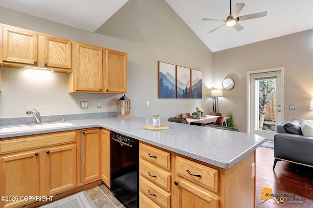 12231 Johns Rd # 2, Anchorage, AK 99515 - kitchen featuring black dishwasher, a peninsula, ceiling fan, open floor plan, and light brown cabinetry