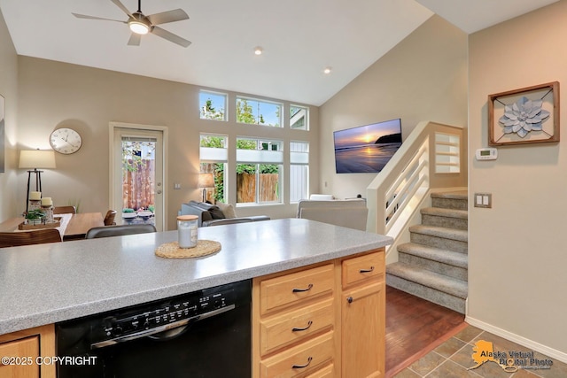 12231 Johns Rd # 2, Anchorage, AK 99515 - kitchen featuring open floor plan, black dishwasher, light brown cabinetry, a ceiling fan, and recessed lighting