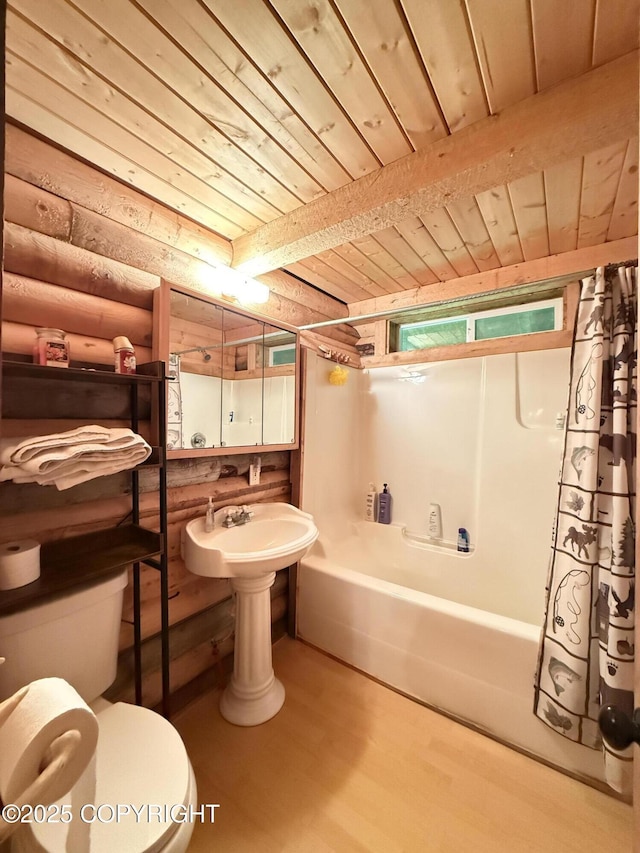 15700 Wild Salmon Way, Ninilchik, AK 99639 - full bath with wood ceiling, shower / tub combo, wood finished floors, and log walls