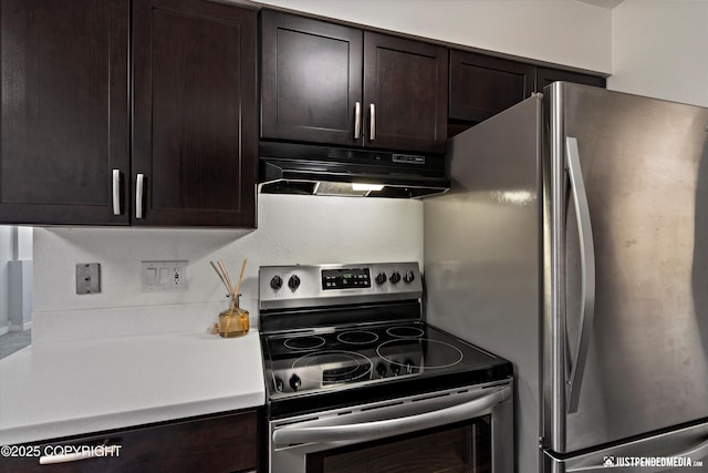 3100 Ward Pl Unit 6, Anchorage, AK 99517 - kitchen featuring stainless steel appliances, under cabinet range hood, dark brown cabinets, and light countertops