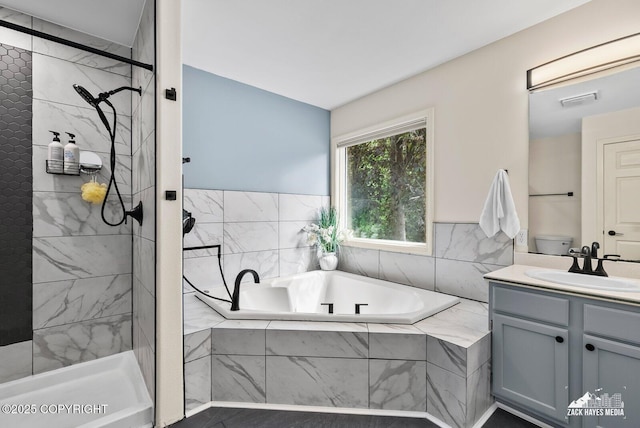 250 Botanical Cir, Anchorage, AK 99515 - bathroom with a bath, vanity, and tiled shower