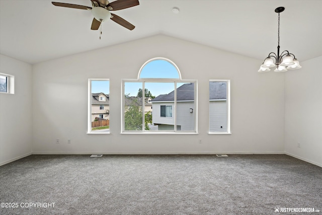 221 Whisper Ridge Cir # A, Anchorage, AK 99504 - unfurnished room with carpet flooring, lofted ceiling, a ceiling fan, a chandelier, and a smoke detector