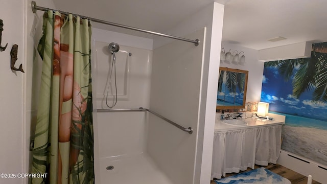 3411 Eagle Ave, Valdez, AK 99686 - bathroom featuring baseboard heating, a shower with curtain, vanity, and wood finished floors
