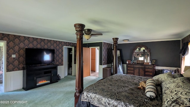 3411 Eagle Ave, Valdez, AK 99686 - carpeted bedroom with a large fireplace, ornamental molding, and wallpapered walls