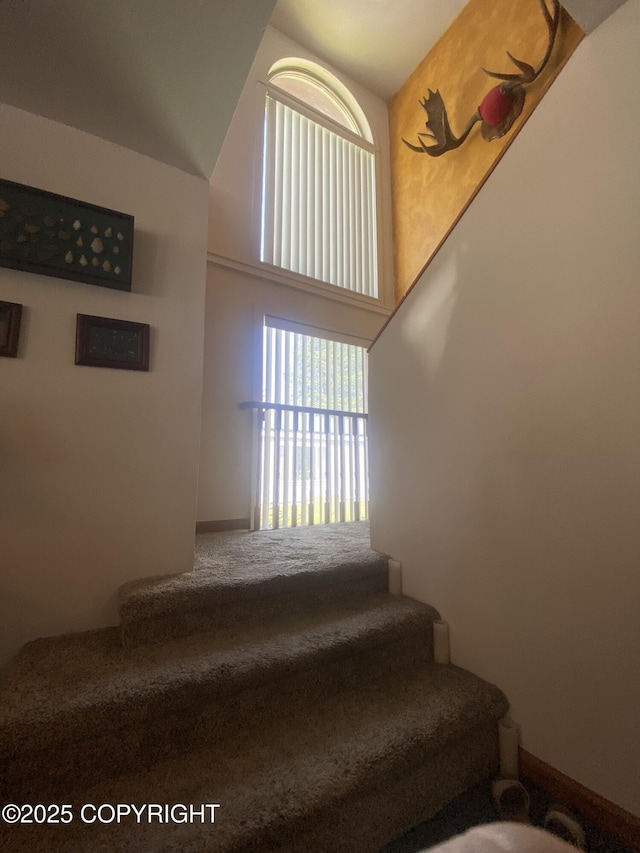 3411 Eagle Ave, Valdez, AK 99686 - staircase with carpet floors and high vaulted ceiling