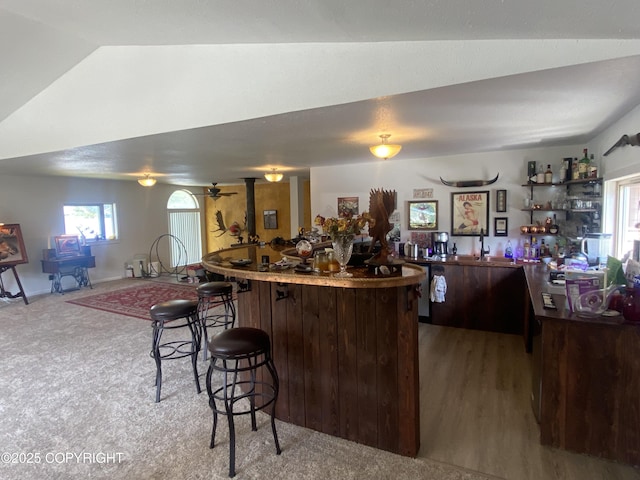 3411 Eagle Ave, Valdez, AK 99686 - kitchen featuring a breakfast bar area, lofted ceiling, a kitchen island, dark brown cabinets, and a wood stove