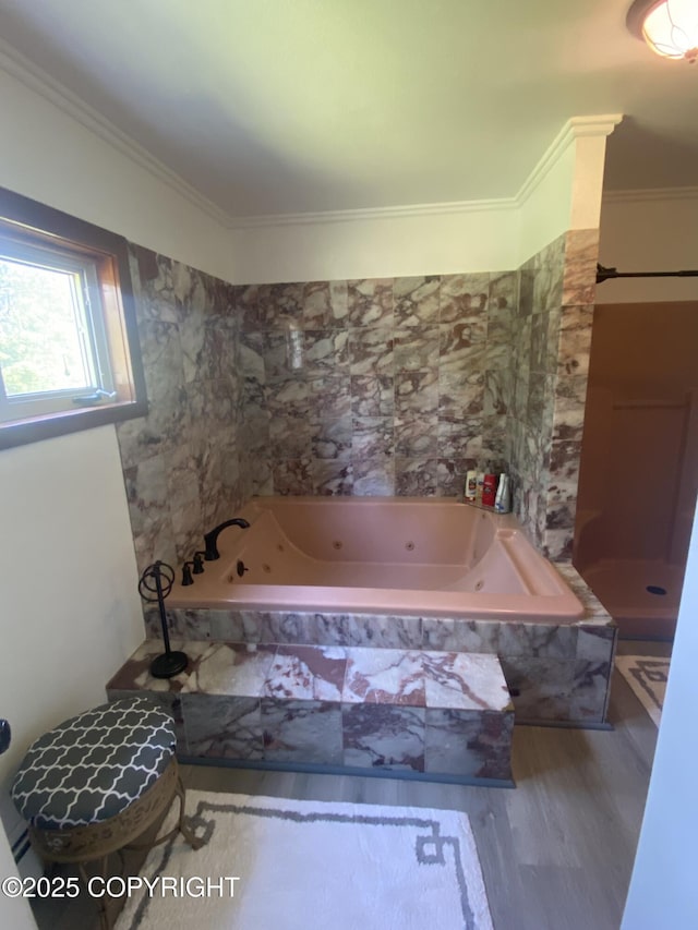 3411 Eagle Ave, Valdez, AK 99686 - bathroom featuring a jetted tub, wood finished floors, and ornamental molding