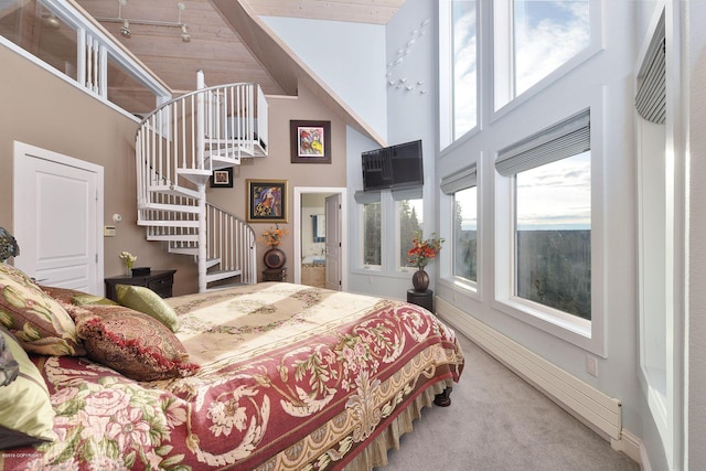 1240 Chinook Dr, Kenai, AK 99611 - carpeted bedroom with a towering ceiling and a baseboard heating unit