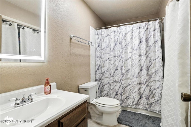 6260 Newt Dr, Anchorage, AK 99507 - bathroom with vanity, a textured wall, and a shower with shower curtain