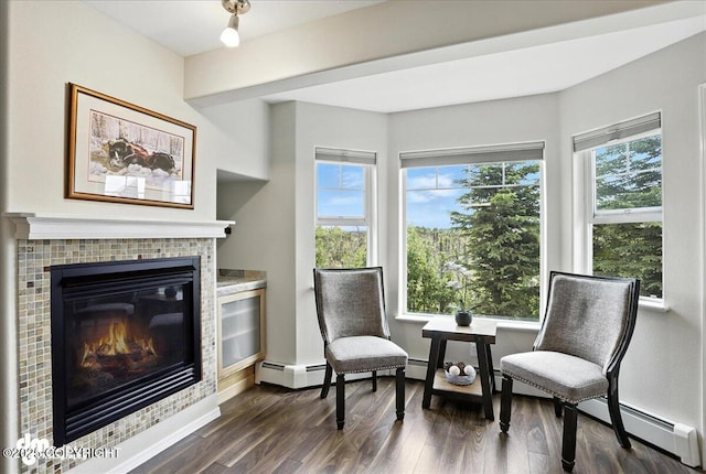 11351 Discovery View Dr # 106, Anchorage, AK 99515 - living area featuring a tile fireplace, dark wood-style floors, and a baseboard radiator