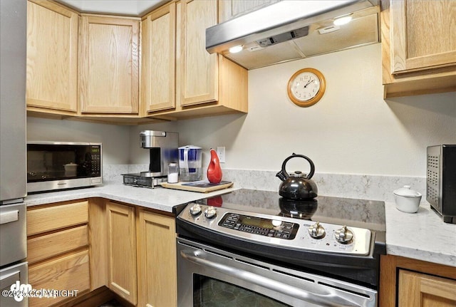 11351 Discovery View Dr # 106, Anchorage, AK 99515 - kitchen featuring stainless steel appliances, exhaust hood, and light brown cabinets