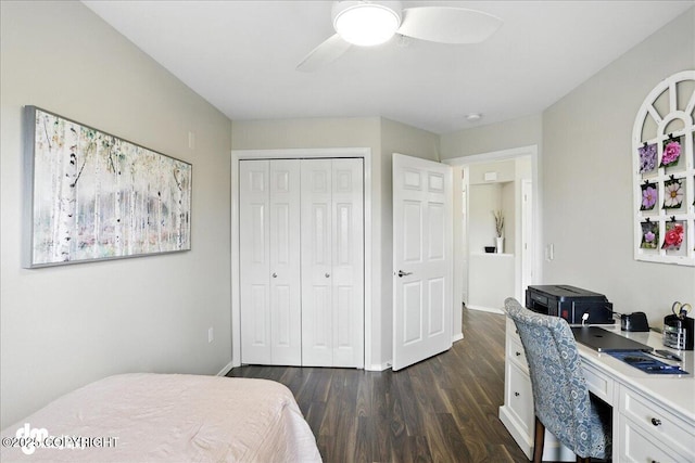 11351 Discovery View Dr # 106, Anchorage, AK 99515 - bedroom with dark wood-style floors, a desk, a closet, and ceiling fan