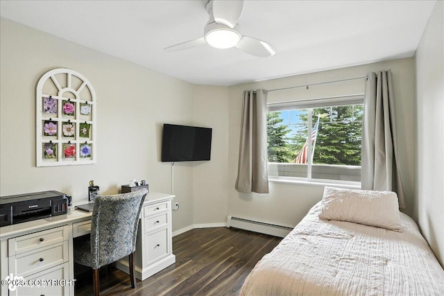 11351 Discovery View Dr # 106, Anchorage, AK 99515 - bedroom featuring a baseboard heating unit, dark wood finished floors, a desk, and ceiling fan