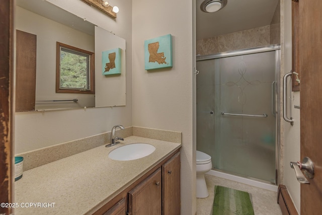 11851 Nebesna Dr, Anchorage, AK 99507 - full bathroom featuring vanity, a stall shower, and a baseboard radiator