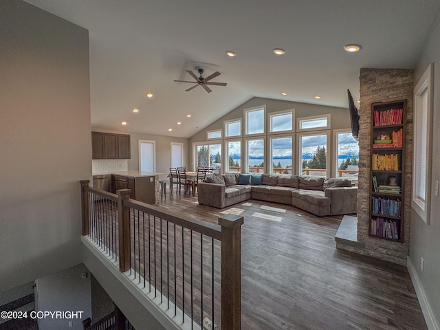 3715 Tajen Ln, Homer, AK 99603 - living area with a ceiling fan, dark wood finished floors, recessed lighting, and high vaulted ceiling
