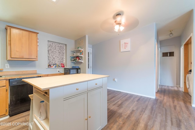 470 N Yorktown Dr, Ketchikan, AK 99901 - kitchen with dishwasher, open shelves, light wood finished floors, light countertops, and a ceiling fan