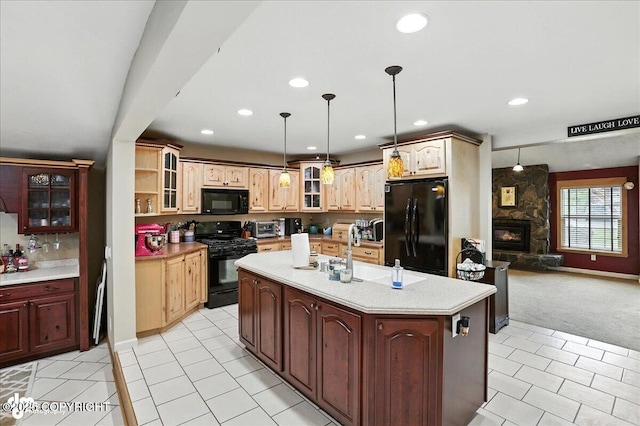 1801 Rebel Ridge Dr, Anchorage, AK 99504 - kitchen with black appliances, light colored carpet, light countertops, glass insert cabinets, and recessed lighting