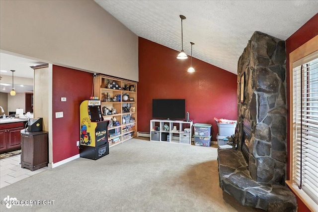 1801 Rebel Ridge Dr, Anchorage, AK 99504 - carpeted living room featuring a textured ceiling, high vaulted ceiling, and a baseboard heating unit