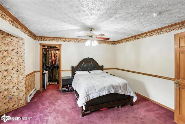 1801 Rebel Ridge Dr, Anchorage, AK 99504 - carpeted bedroom with a baseboard radiator, a spacious closet, ceiling fan, ornamental molding, and a closet