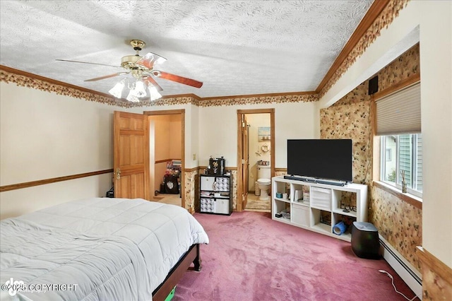 1801 Rebel Ridge Dr, Anchorage, AK 99504 - bedroom featuring a baseboard radiator, crown molding, carpet flooring, a textured ceiling, and a ceiling fan