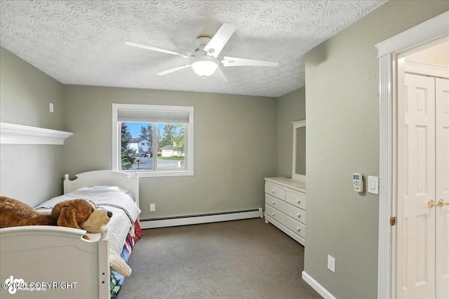 1801 Rebel Ridge Dr, Anchorage, AK 99504 - carpeted bedroom with a baseboard radiator, a textured ceiling, and ceiling fan