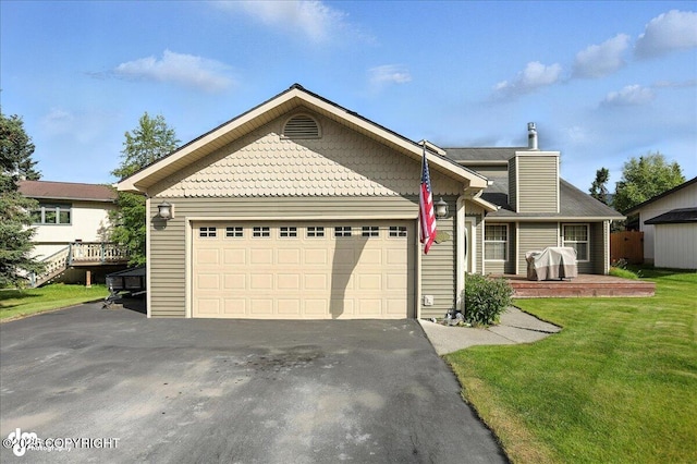 1801 Rebel Ridge Dr, Anchorage, AK 99504 - view of front facade with asphalt driveway, a front yard, a garage, and a chimney