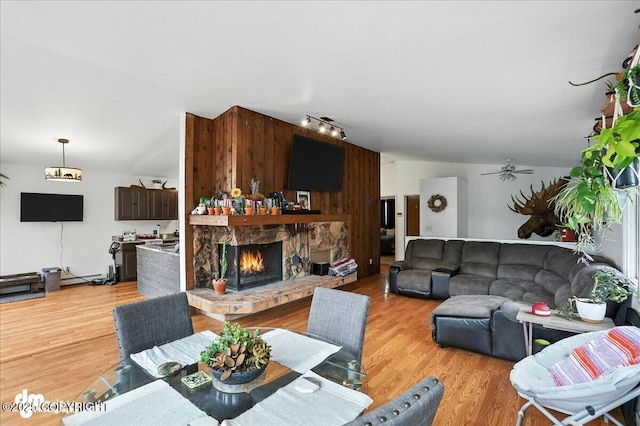 10845 Anvik Cir, Eagle River, AK 99577 - living area featuring light wood-style flooring, a stone fireplace, and rail lighting