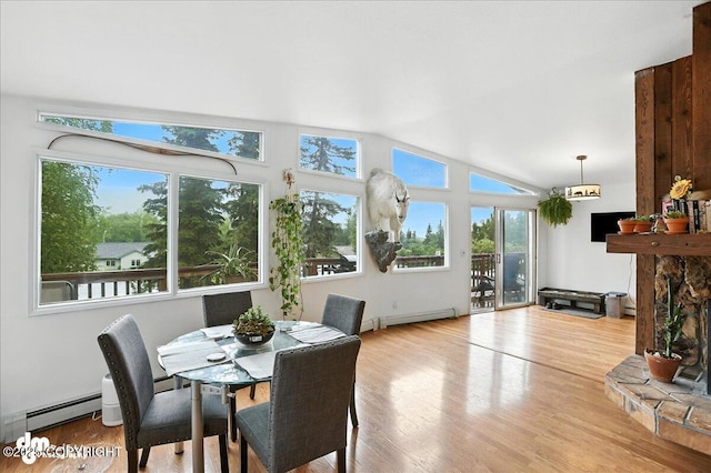 10845 Anvik Cir, Eagle River, AK 99577 - dining space featuring baseboard heating, lofted ceiling, and wood finished floors