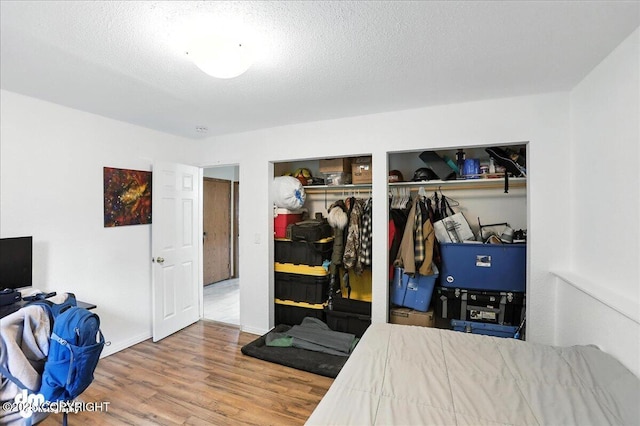 10845 Anvik Cir, Eagle River, AK 99577 - bedroom featuring two closets, wood finished floors, and a textured ceiling