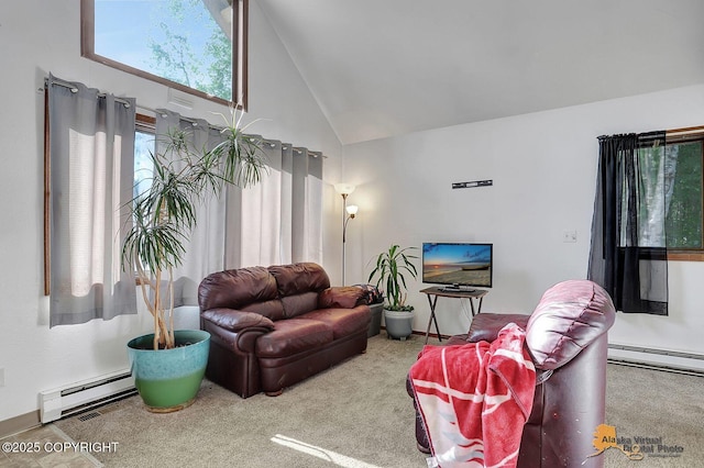 14854 W Fox, Big Lake, AK 99623 - living area with a baseboard radiator, a baseboard heating unit, high vaulted ceiling, and carpet