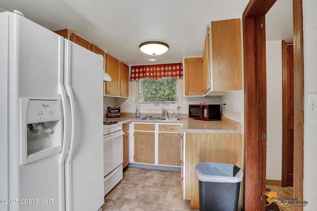 14854 W Fox, Big Lake, AK 99623 - kitchen with white appliances, light countertops, ventilation hood, stone finish floors, and light brown cabinetry