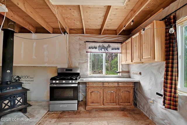 69222 S Parks Hwy, Willow, AK 99688 - kitchen featuring stainless steel gas stove, a wooden ceiling with exposed beams, plenty of natural light, light countertops, and a wood stove