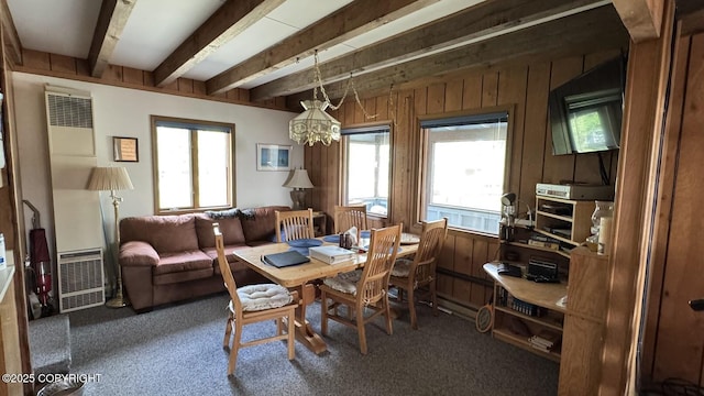 34655 Sockeye Ln, Sterling, AK 99672 - carpeted dining space with healthy amount of natural light, beamed ceiling, wooden walls, and a heating unit