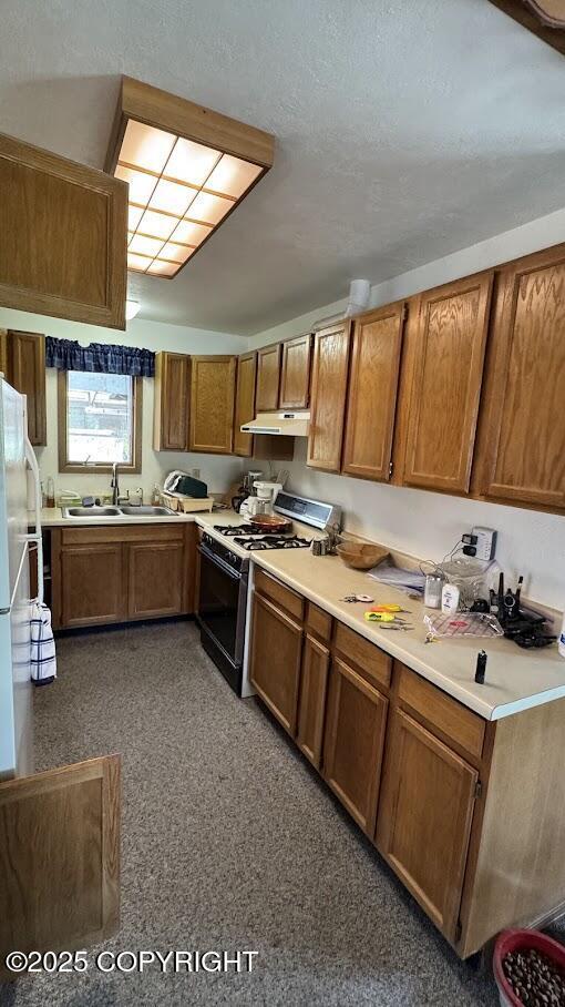 34655 Sockeye Ln, Sterling, AK 99672 - kitchen with range with gas stovetop, under cabinet range hood, brown cabinets, light countertops, and freestanding refrigerator