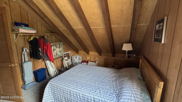 34655 Sockeye Ln, Sterling, AK 99672 - carpeted bedroom featuring vaulted ceiling and wooden walls