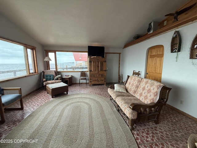 25646 Hawks Beach Rem SW, Anchor Point, AK 99556 - carpeted living area featuring vaulted ceiling and a water view
