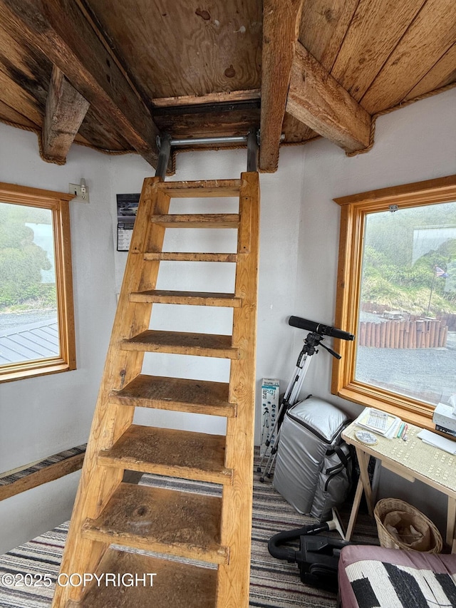 25646 Hawks Beach Rem SW, Anchor Point, AK 99556 - stairway with a wood ceiling with exposed beams