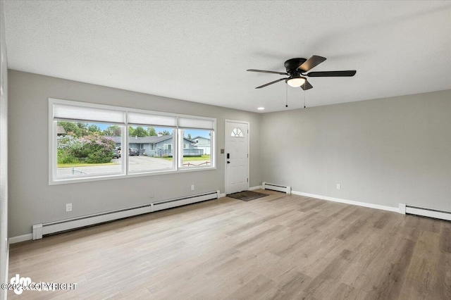 4335 E 6th Ave, Anchorage, AK 99508 - unfurnished living room with a baseboard radiator, wood finished floors, and a ceiling fan
