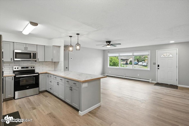 4335 E 6th Ave, Anchorage, AK 99508 - kitchen featuring appliances with stainless steel finishes, gray cabinets, a baseboard radiator, a peninsula, and a ceiling fan