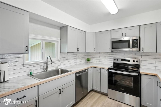 4335 E 6th Ave, Anchorage, AK 99508 - kitchen featuring appliances with stainless steel finishes, gray cabinetry, light countertops, and tasteful backsplash