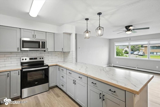 4335 E 6th Ave, Anchorage, AK 99508 - kitchen with appliances with stainless steel finishes, a peninsula, gray cabinets, and decorative backsplash